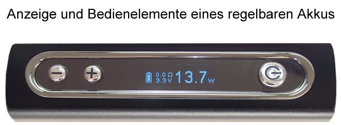 Regelbarer Akku. Anzeige und Bedienelemente